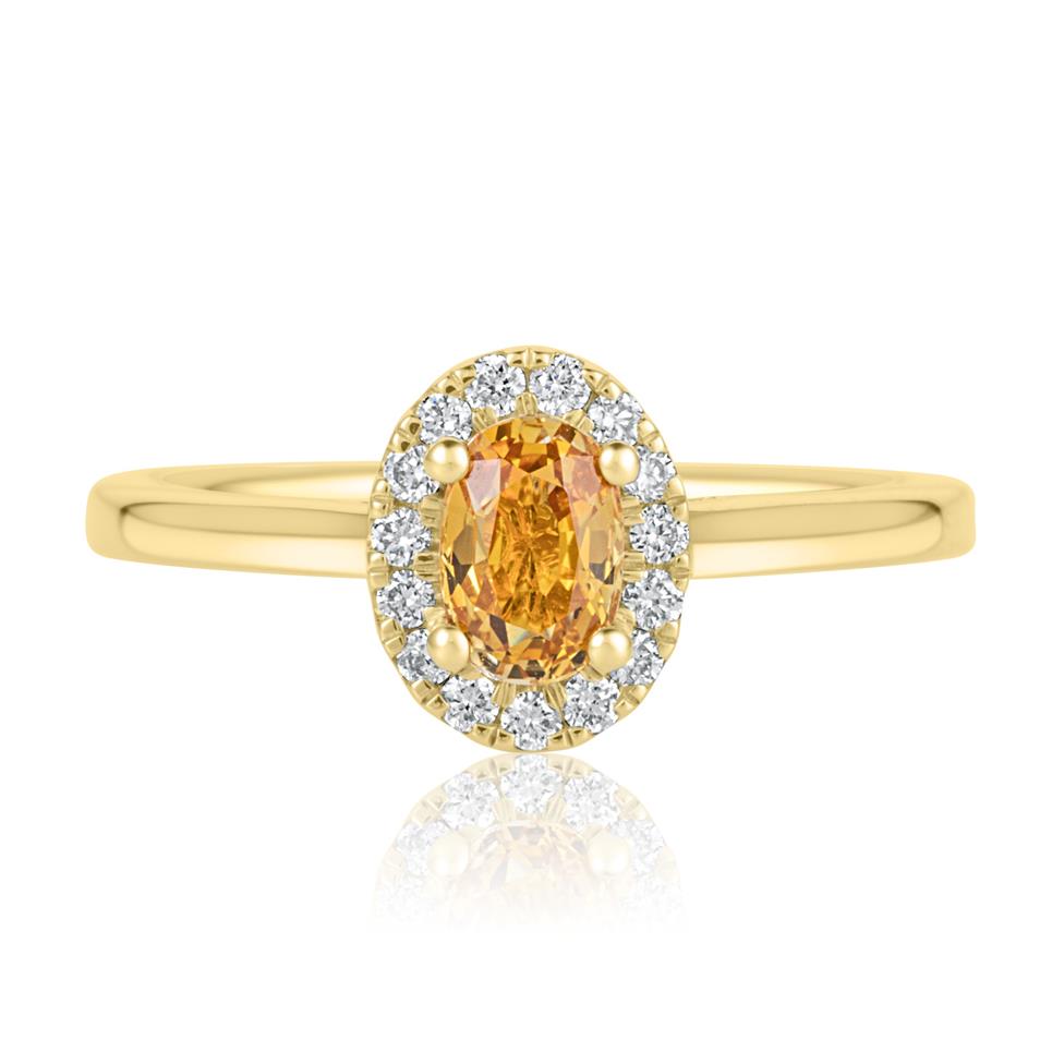 18ct Yellow Gold Oval Yellow Sapphire and Diamond Halo Engagement Ring Thumbnail Image 1