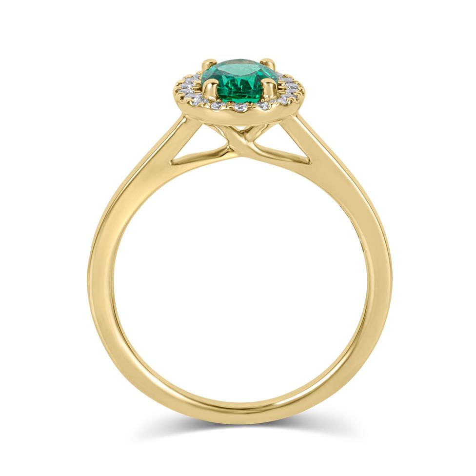18ct Yellow Gold Oval Emerald and Diamond Halo Engagement Ring Thumbnail Image 2