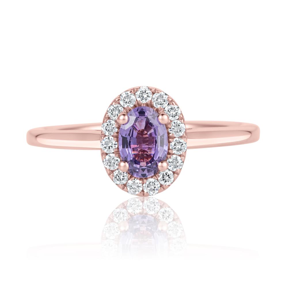 18ct Rose Gold Oval Violet Sapphire and Diamond Halo Engagement Ring Thumbnail Image 1