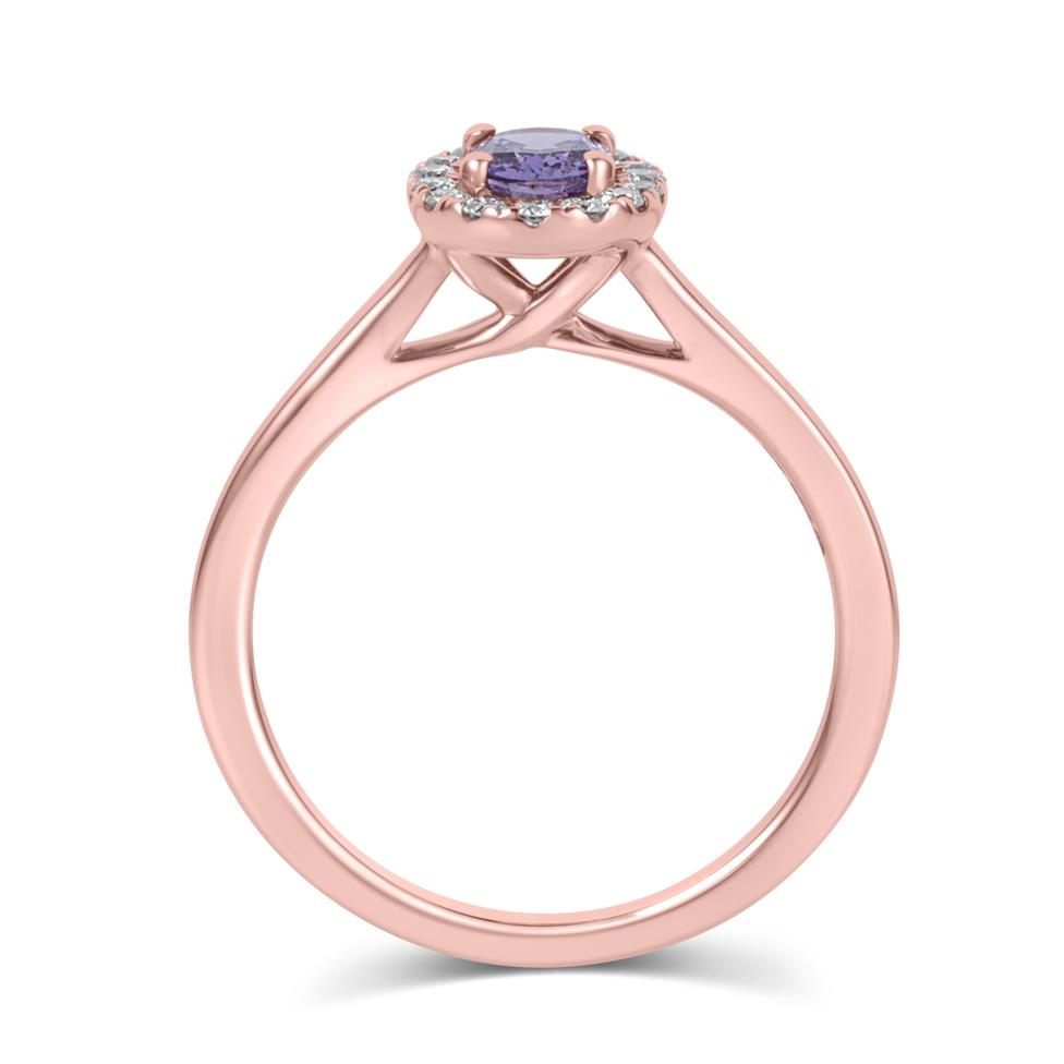 18ct Rose Gold Oval Violet Sapphire and Diamond Halo Engagement Ring Thumbnail Image 2