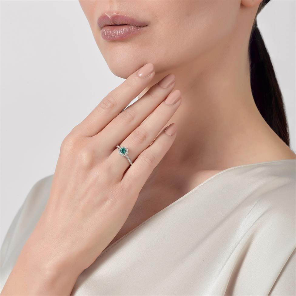 Camellia 18ct White Gold Emerald and Diamond Halo Engagement Ring Thumbnail Image 1