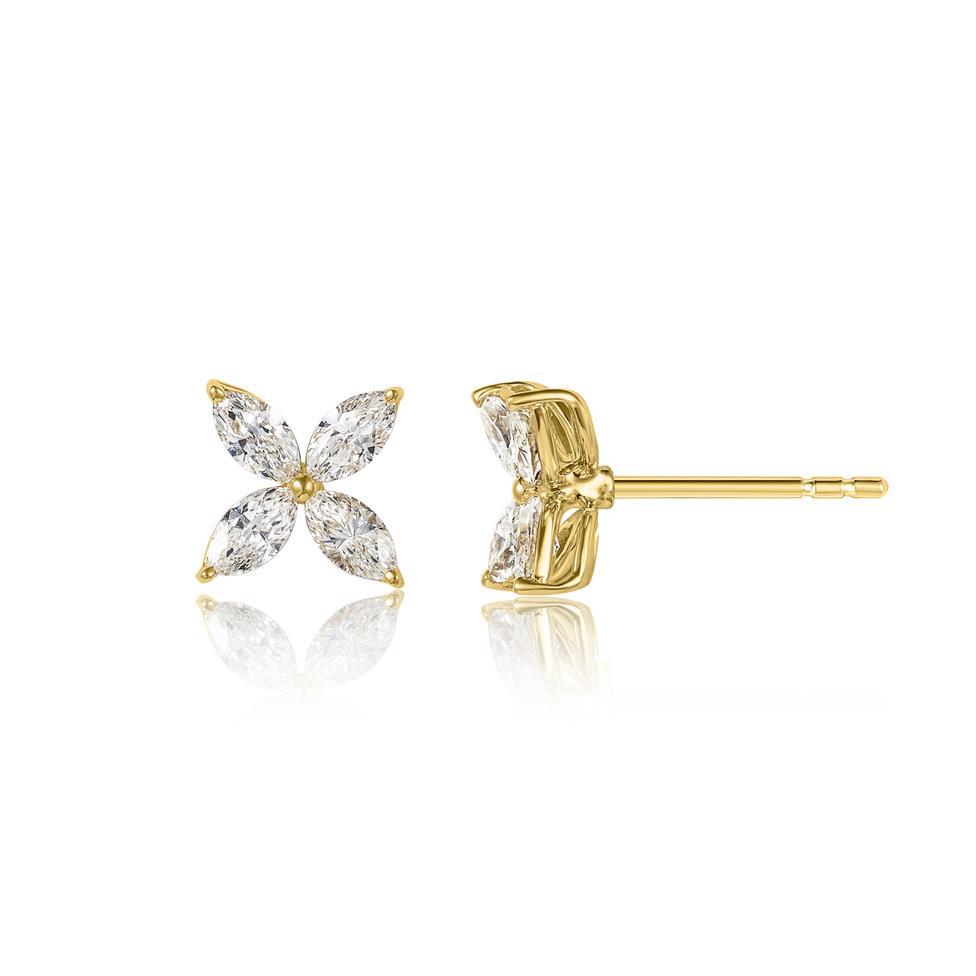 18ct Yellow Gold Marquise Diamond Flower Earrings Thumbnail Image 0
