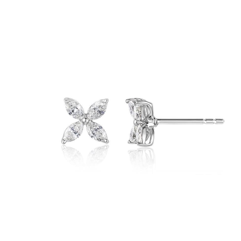 18ct White Gold Marquise Diamond Flower Earrings Thumbnail Image 0