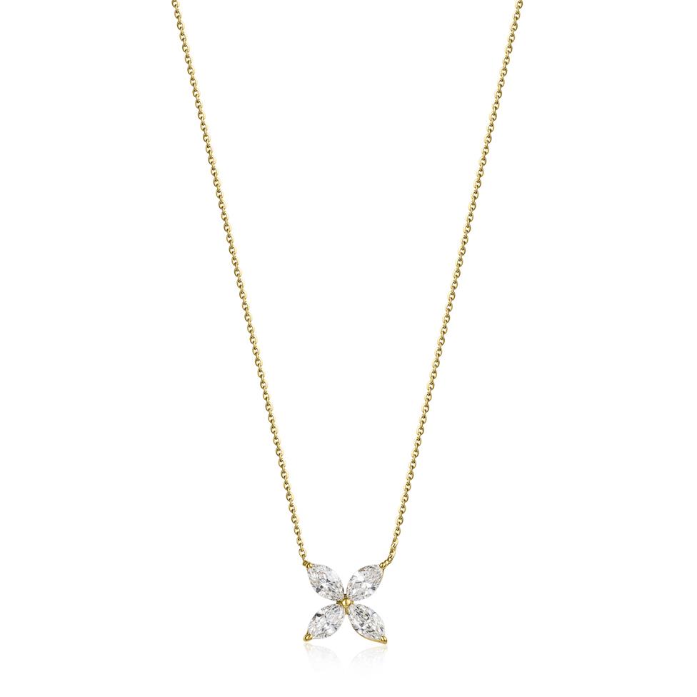 18ct Yellow Gold Marquise Diamond Flower Necklace Thumbnail Image 2