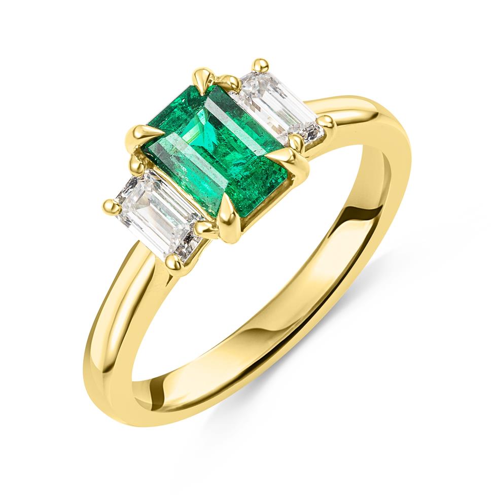 18ct Yellow Gold Emerald and Diamond Three Stone Ring Image 1