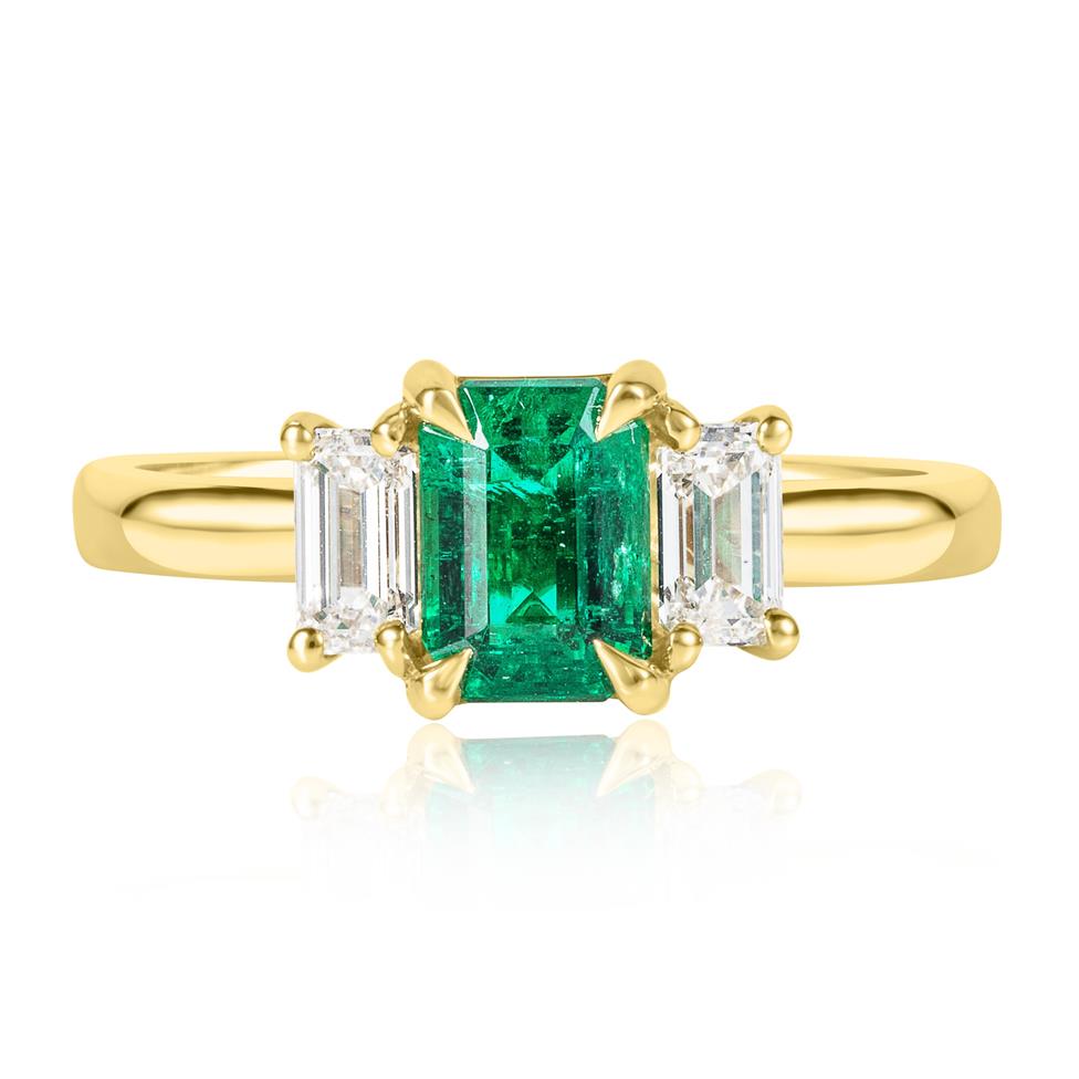 18ct Yellow Gold Emerald and Diamond Three Stone Ring Thumbnail Image 1