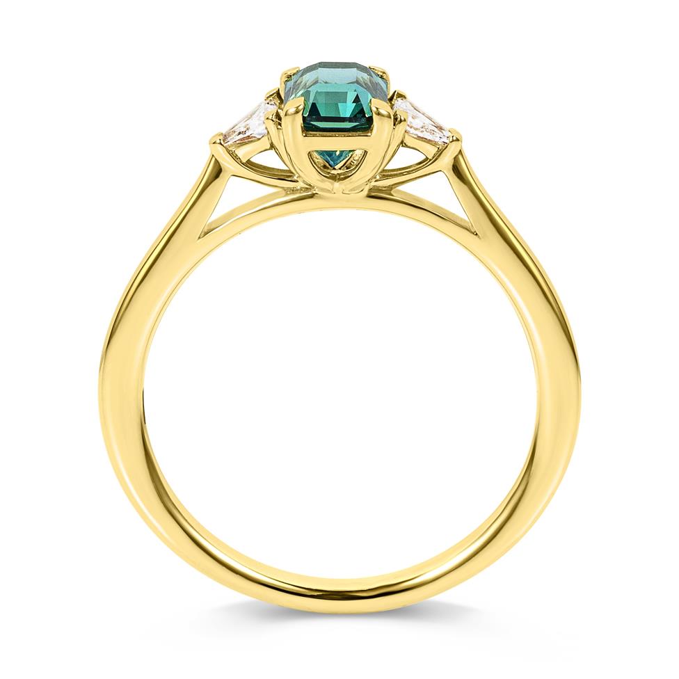 18ct Yellow Gold Teal Sapphire and Diamond Three Stone Ring Thumbnail Image 2