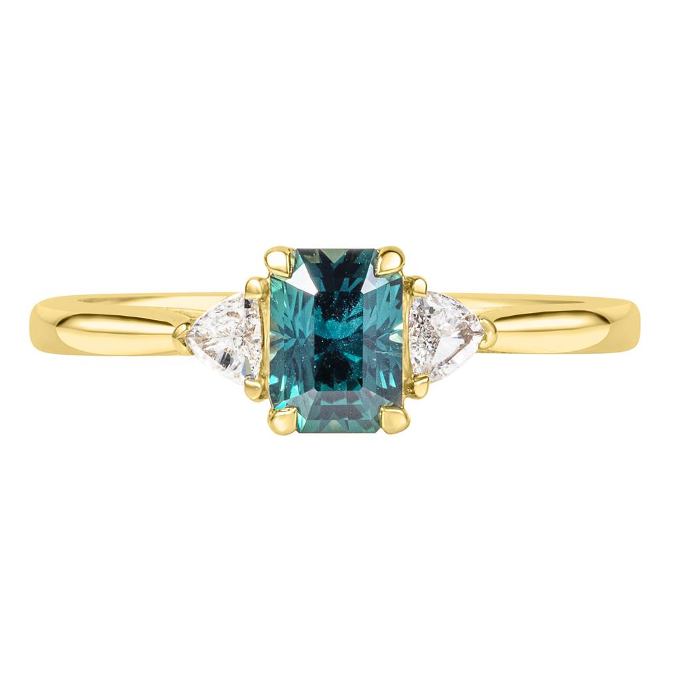 18ct Yellow Gold Teal Sapphire and Diamond Three Stone Ring Thumbnail Image 1
