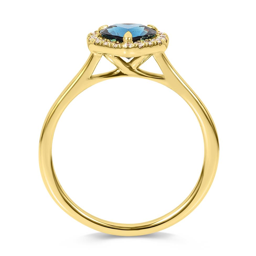 18ct Yellow Gold Heart Teal Sapphire Halo Engagement Ring Thumbnail Image 2