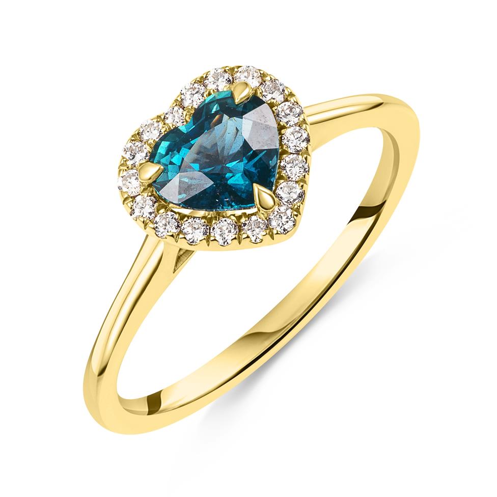 18ct Yellow Gold Heart Teal Sapphire Halo Engagement Ring Thumbnail Image 0