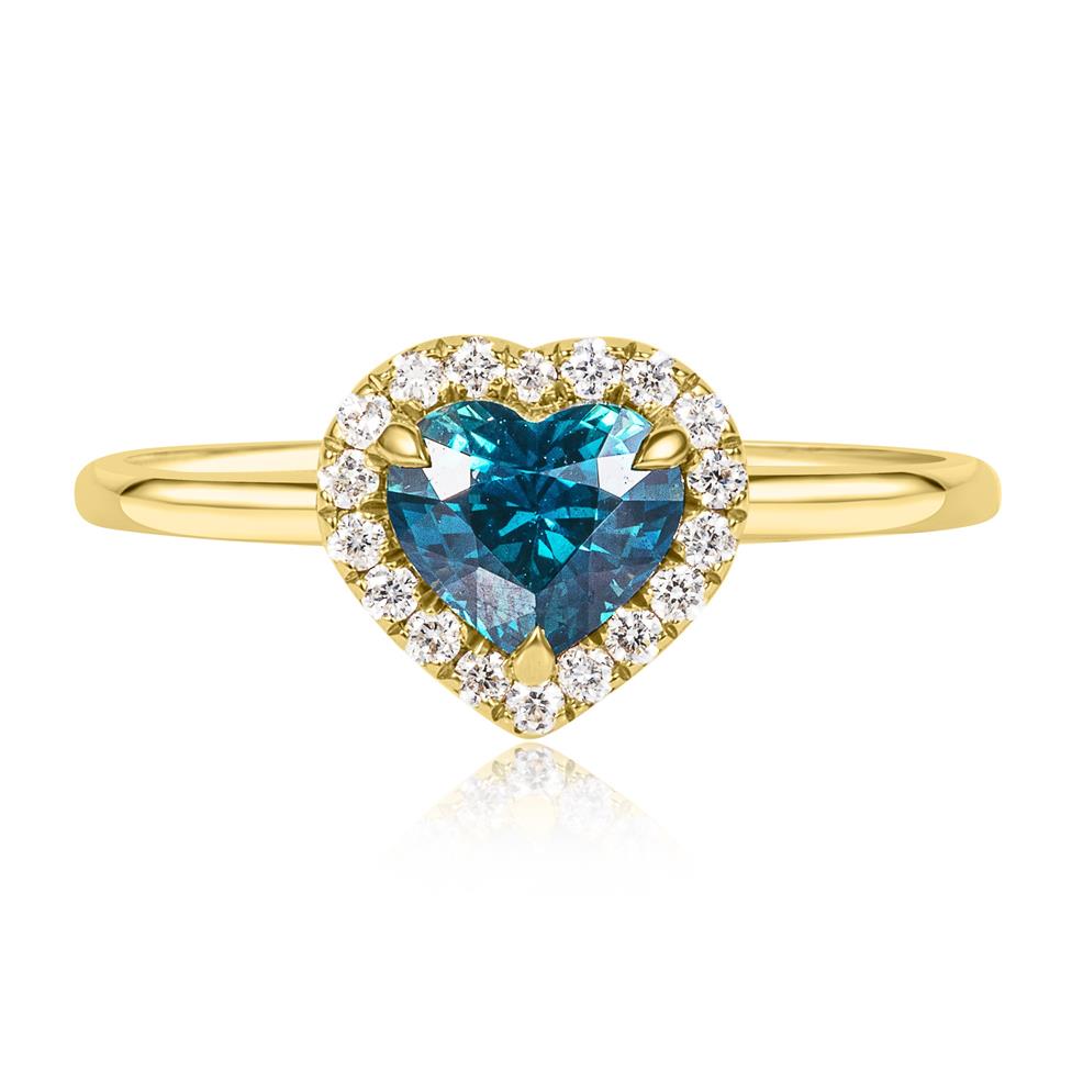18ct Yellow Gold Heart Teal Sapphire Halo Engagement Ring Thumbnail Image 1