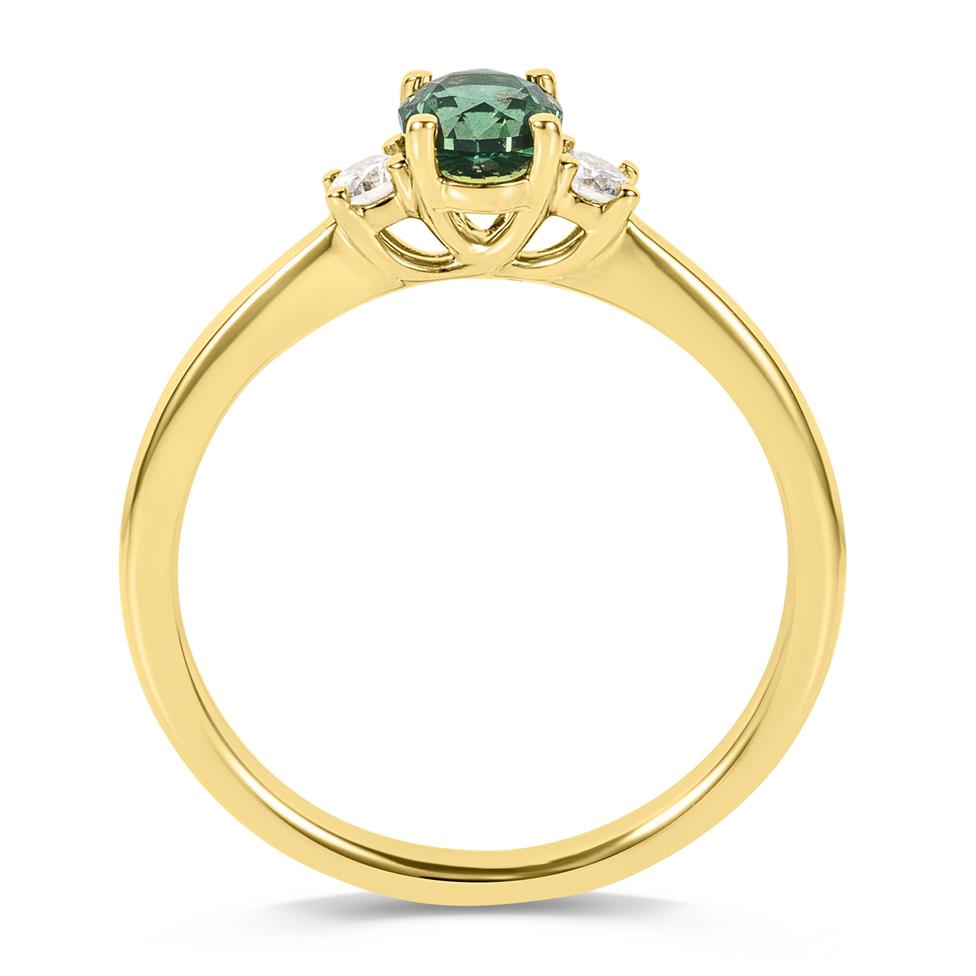 18ct Yellow Gold Green Sapphire and Diamond Three Stone Ring Thumbnail Image 2