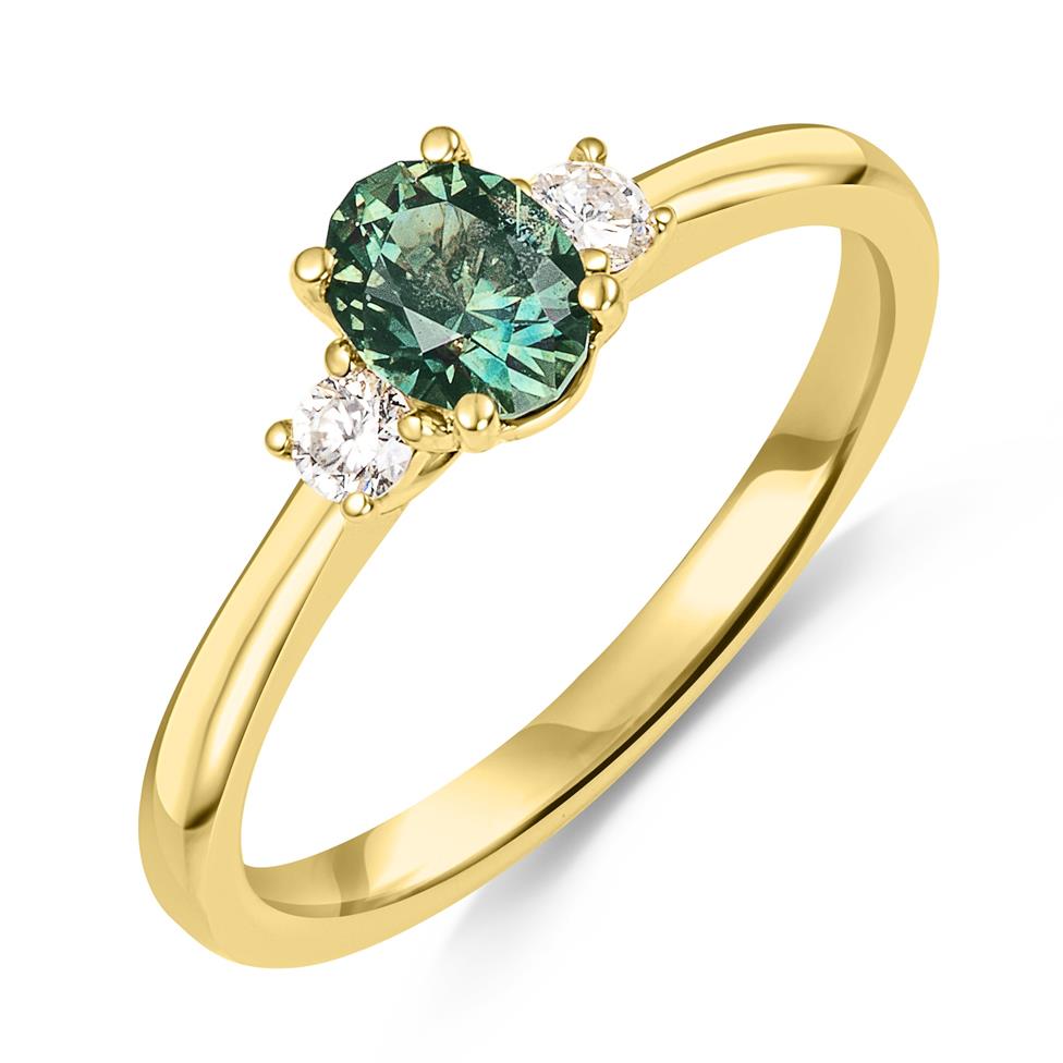 18ct Yellow Gold Green Sapphire and Diamond Three Stone Ring Thumbnail Image 0