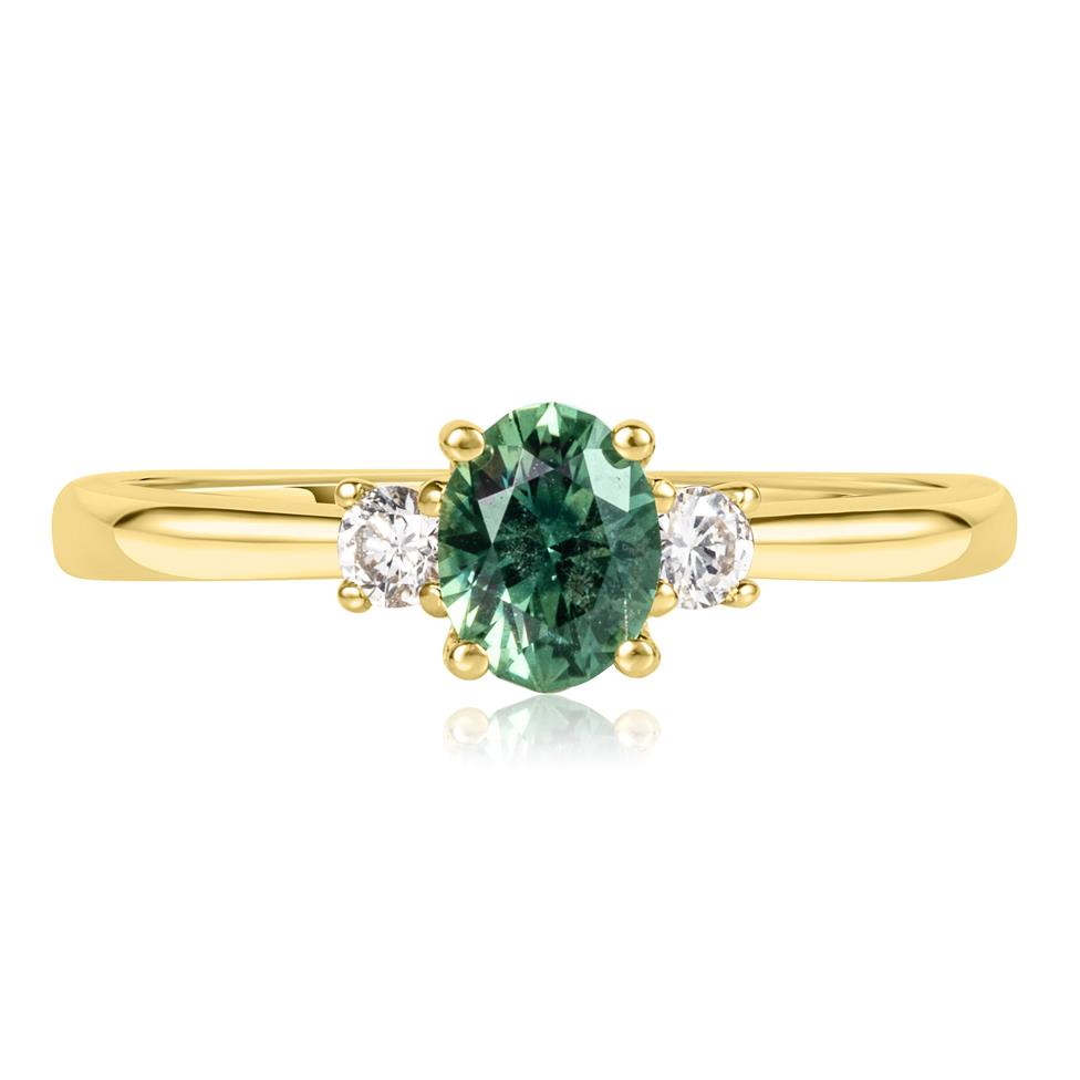 18ct Yellow Gold Green Sapphire and Diamond Three Stone Ring Thumbnail Image 1