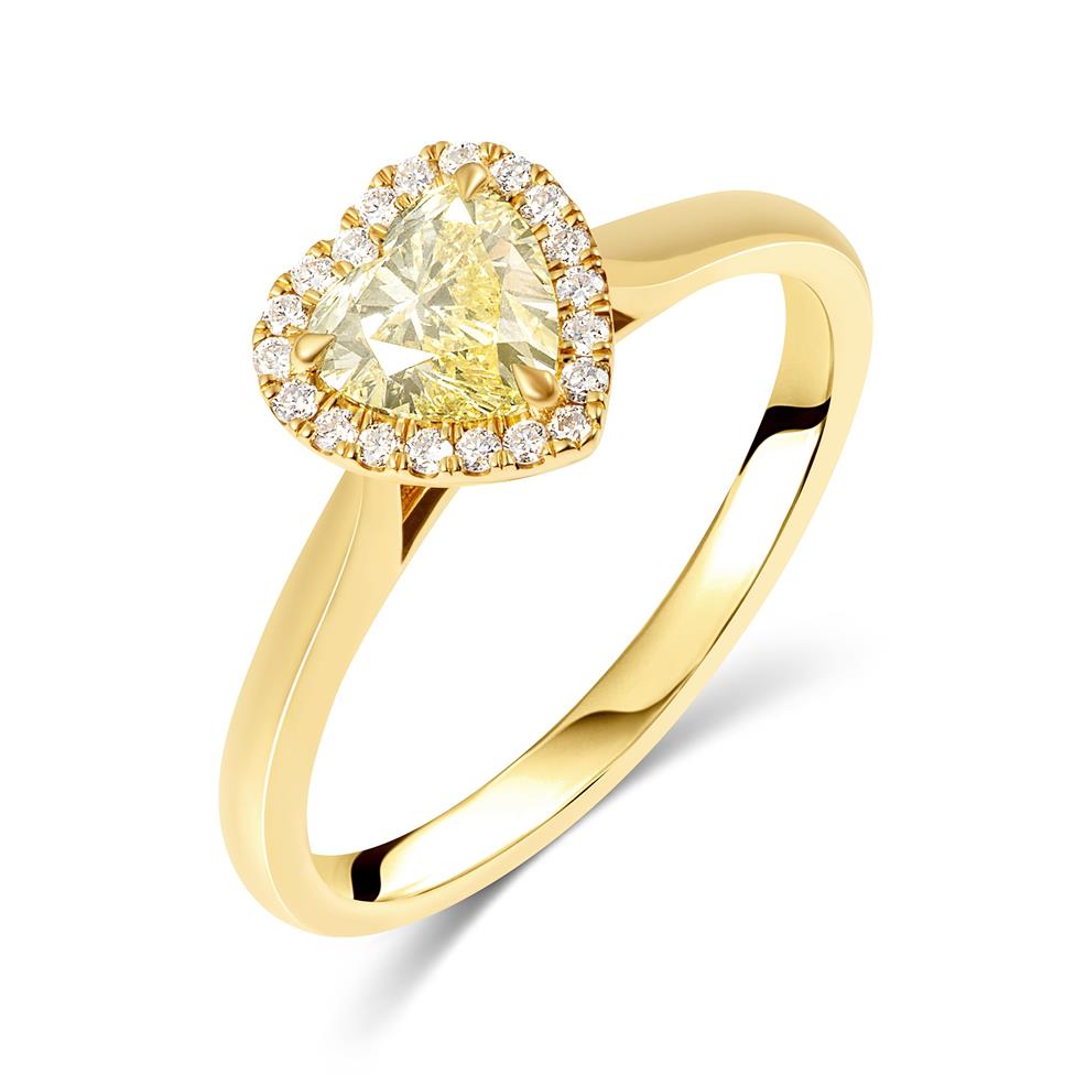 18ct Yellow Gold Fancy Yellow Heart Diamond Halo Ring Thumbnail Image 0