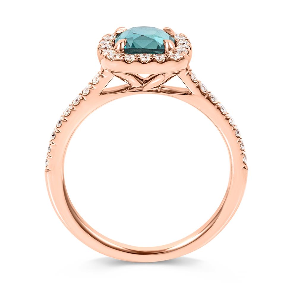 18ct Rose Gold Teal Sapphire and Diamond Halo Engagement Ring Thumbnail Image 2