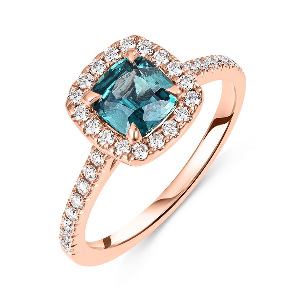 18ct Rose Gold Teal Sapphire and Diamond Halo Engagement Ring Thumbnail Image 0