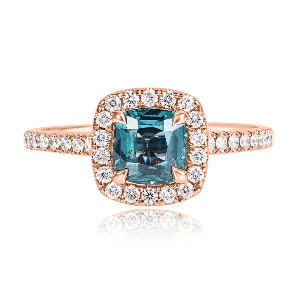 18ct Rose Gold Teal Sapphire and Diamond Halo Engagement Ring Thumbnail Image 1