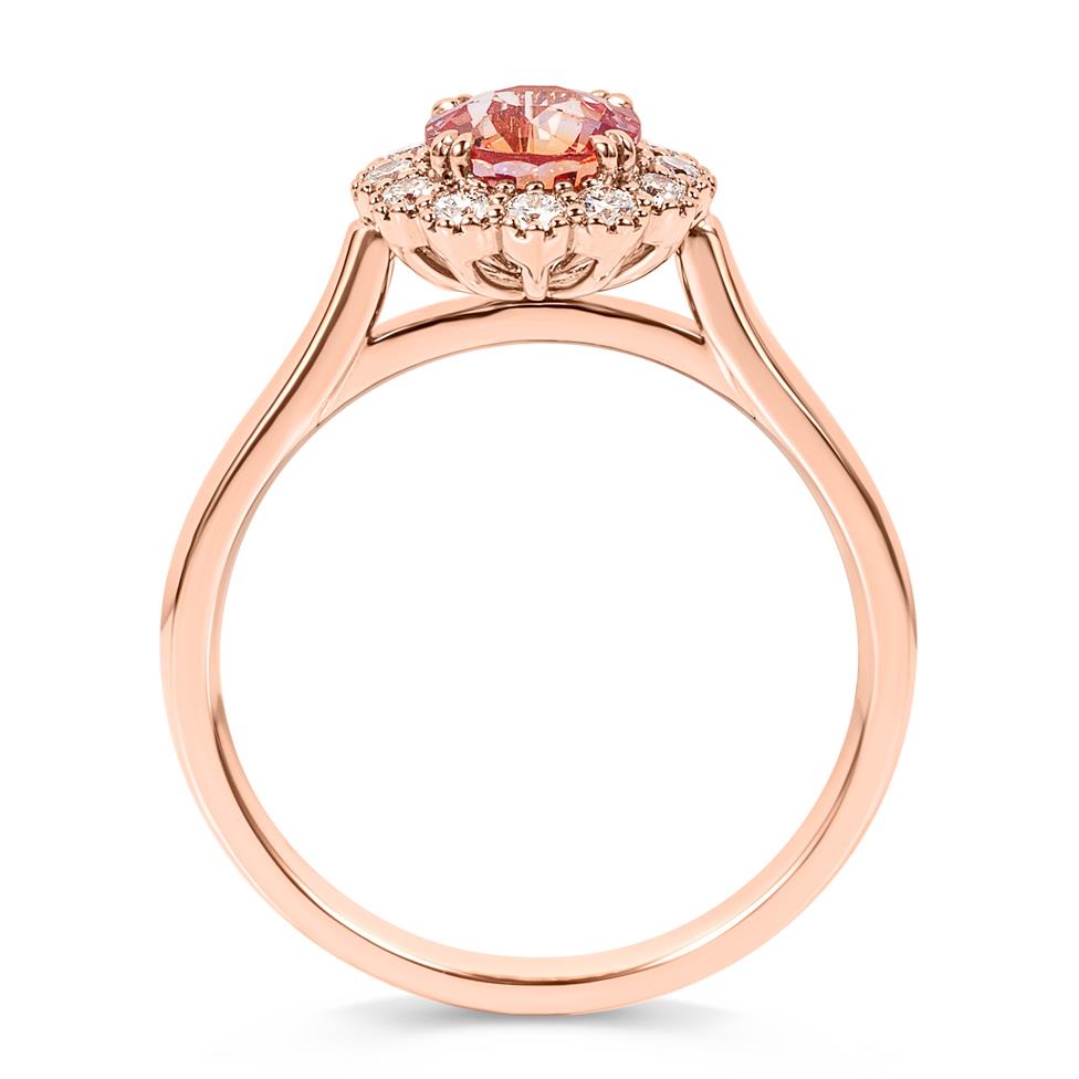 18ct Rose Gold Round Padparadscha Sapphire and Diamond Halo Ring Thumbnail Image 2