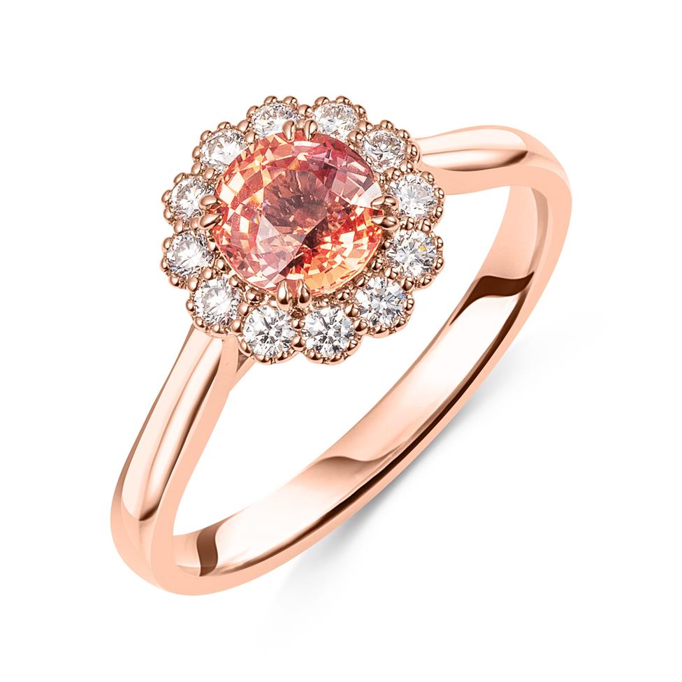 18ct Rose Gold Round Padparadscha Sapphire and Diamond Halo Ring Thumbnail Image 0