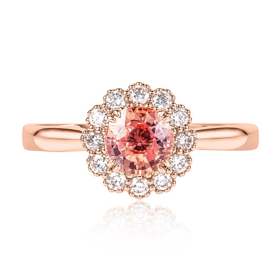 18ct Rose Gold Round Padparadscha Sapphire and Diamond Halo Ring Thumbnail Image 1