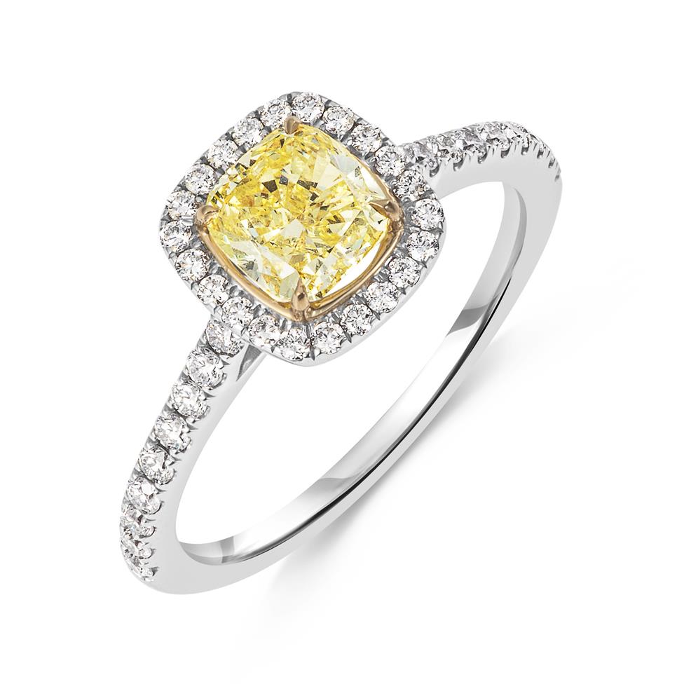 Platinum Fancy Intense Yellow Cushion Diamond Halo Engagement Ring Thumbnail Image 0