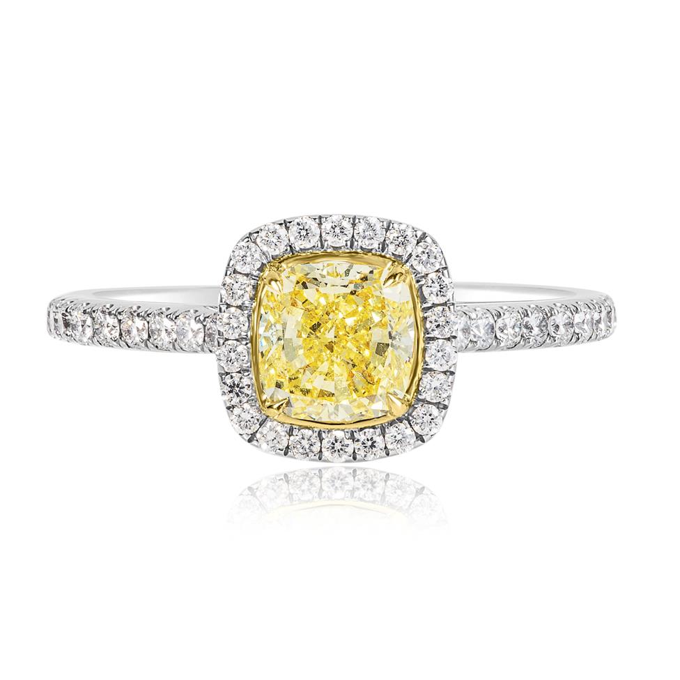 Platinum Fancy Intense Yellow Cushion Diamond Halo Engagement Ring Thumbnail Image 1