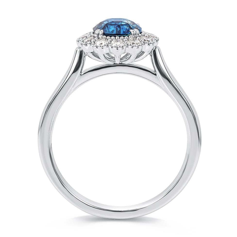 Platinum Round Teal Sapphire and Diamond Halo Ring Thumbnail Image 2