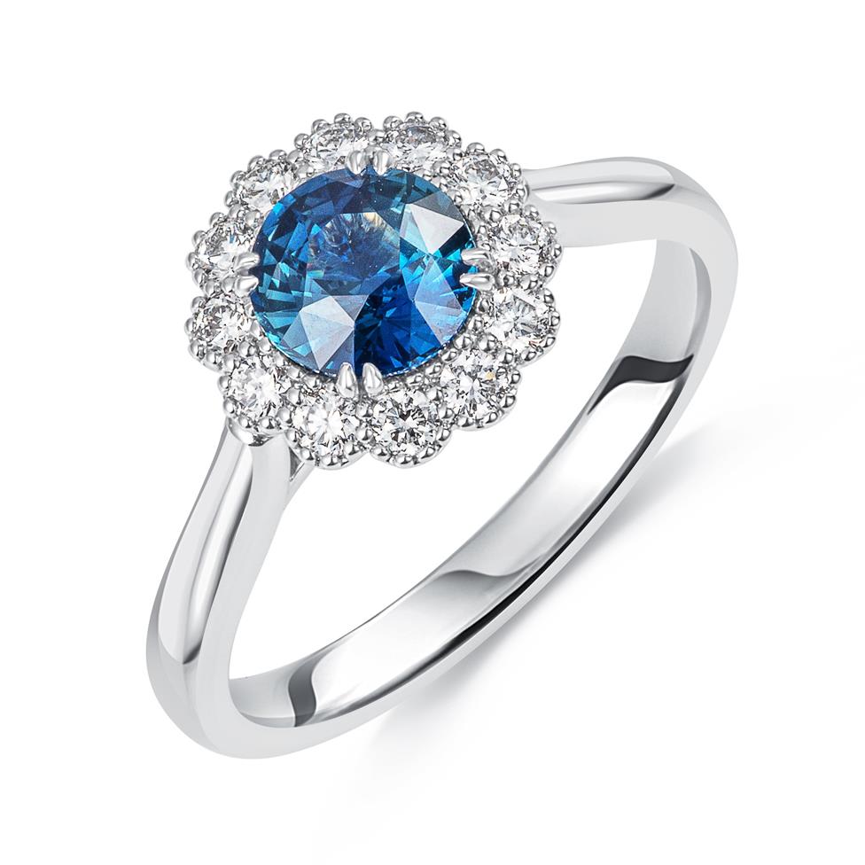 Platinum Round Teal Sapphire and Diamond Halo Ring Thumbnail Image 0