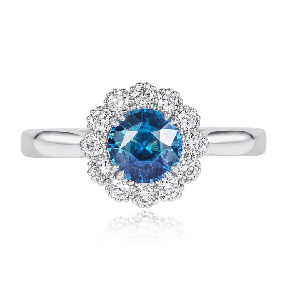 Platinum Round Teal Sapphire and Diamond Halo Ring Thumbnail Image 1