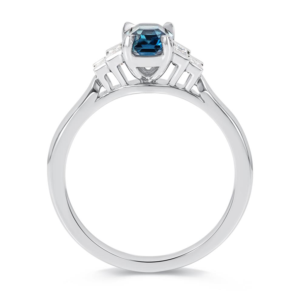 Platinum Emerald Cut Teal Sapphire and Diamond Five Stone Ring Thumbnail Image 2