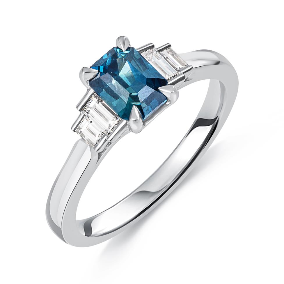 Platinum Emerald Cut Teal Sapphire and Diamond Five Stone Ring Thumbnail Image 0