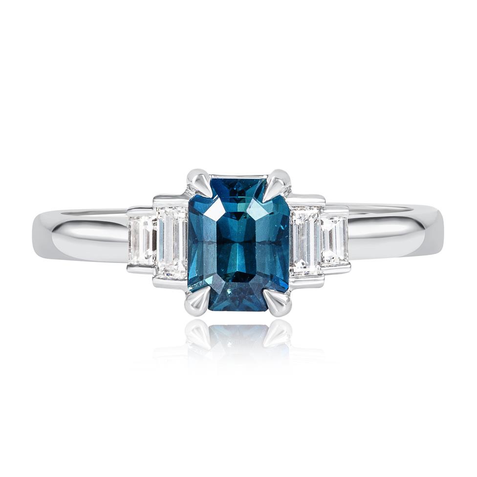 Platinum Emerald Cut Teal Sapphire and Diamond Five Stone Ring Thumbnail Image 1