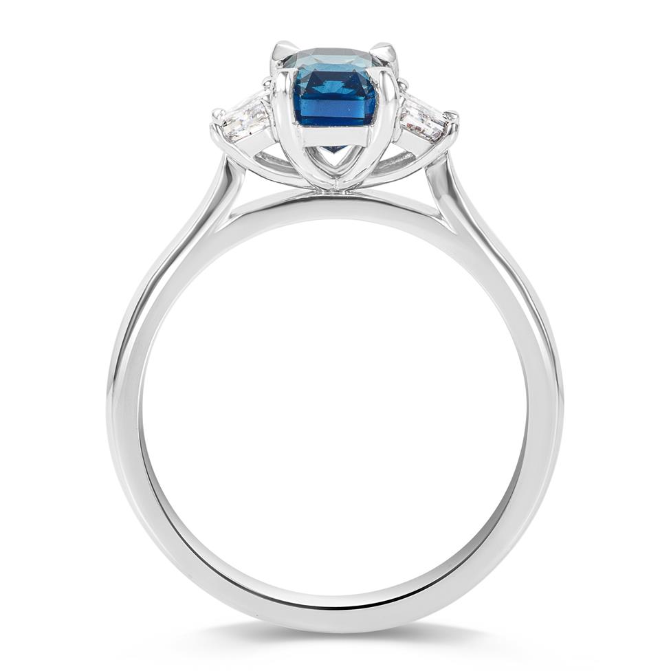 Platinum Radiant Teal Sapphire and Diamond Three Stone Ring  Thumbnail Image 2