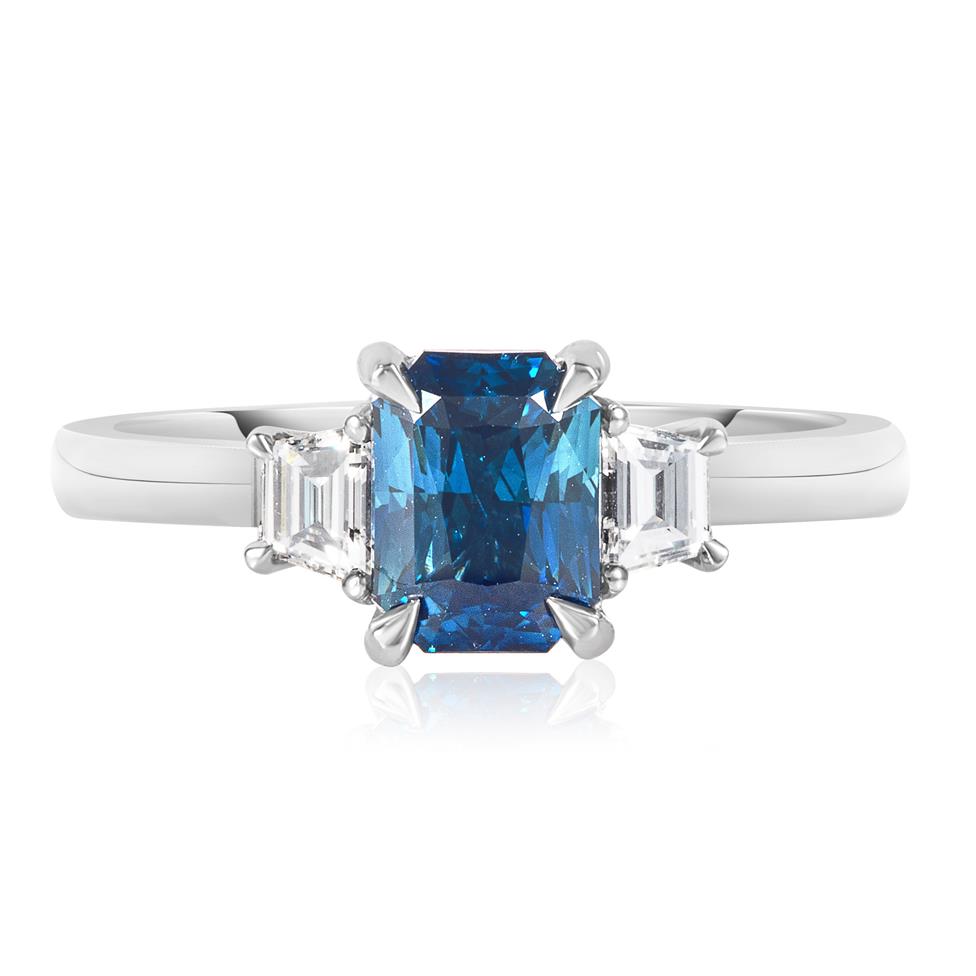 Platinum Radiant Teal Sapphire and Diamond Three Stone Ring  Thumbnail Image 1