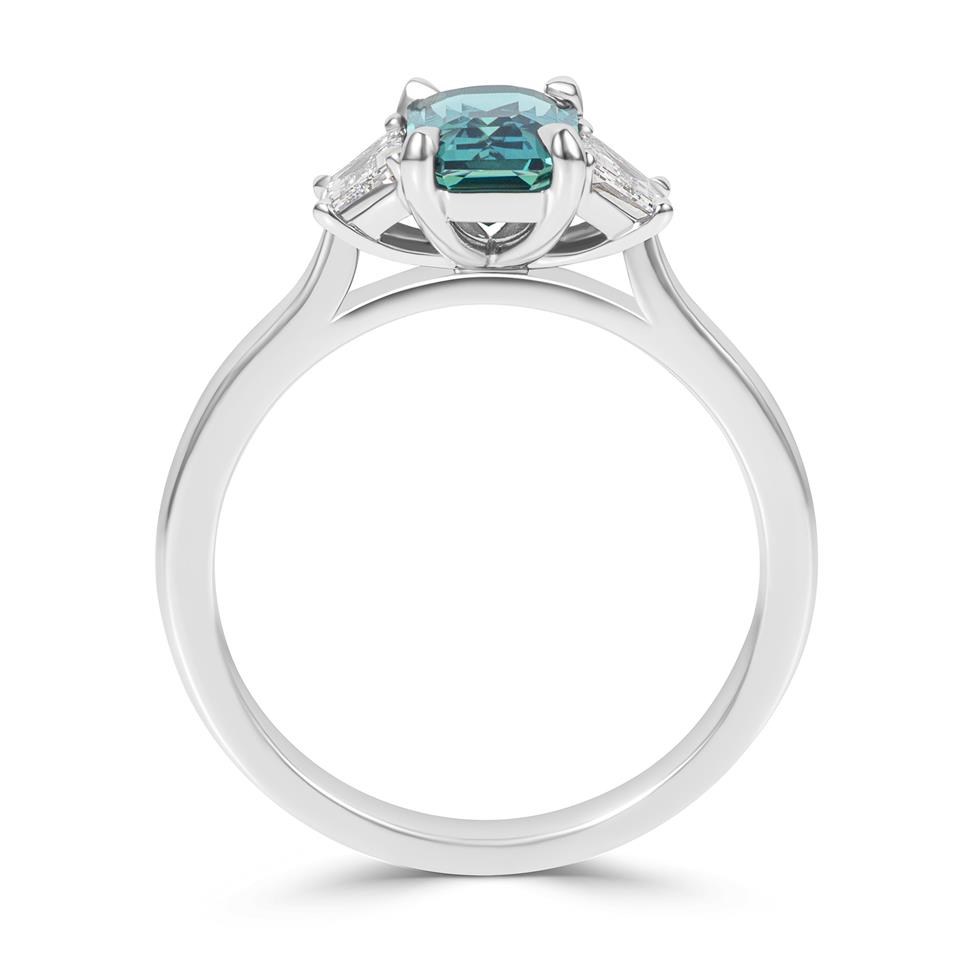 Platinum Emerald Cut Teal Sapphire and Diamond Three Stone Ring  Thumbnail Image 2