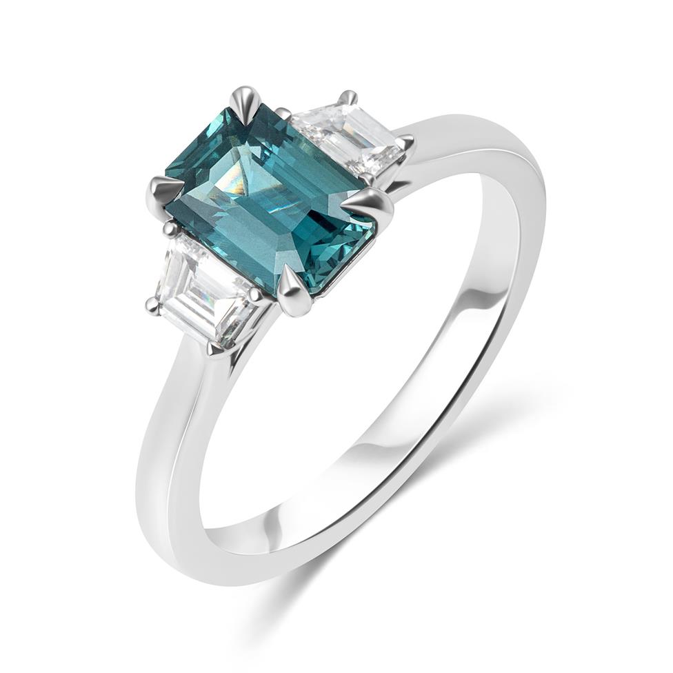 Platinum Emerald Cut Teal Sapphire and Diamond Three Stone Ring  Thumbnail Image 0