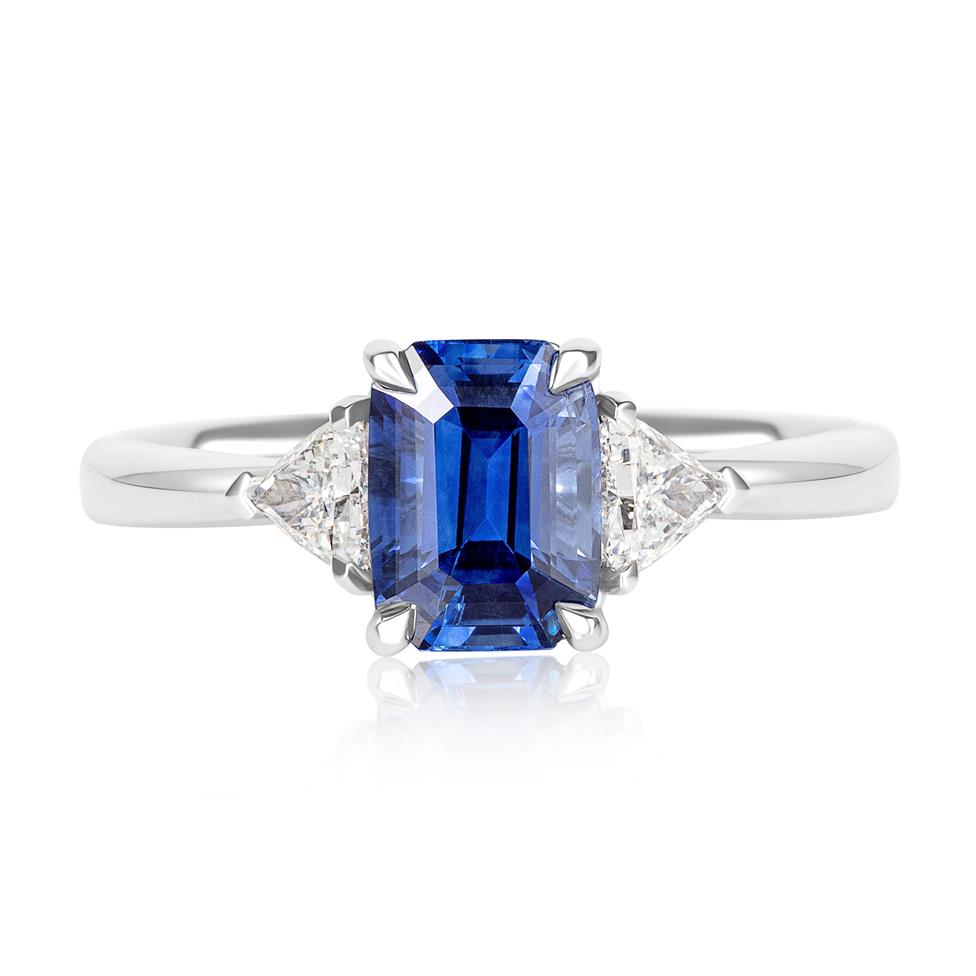 Platinum Emerald Cut Sapphire and Diamond Three Stone Ring  Thumbnail Image 1