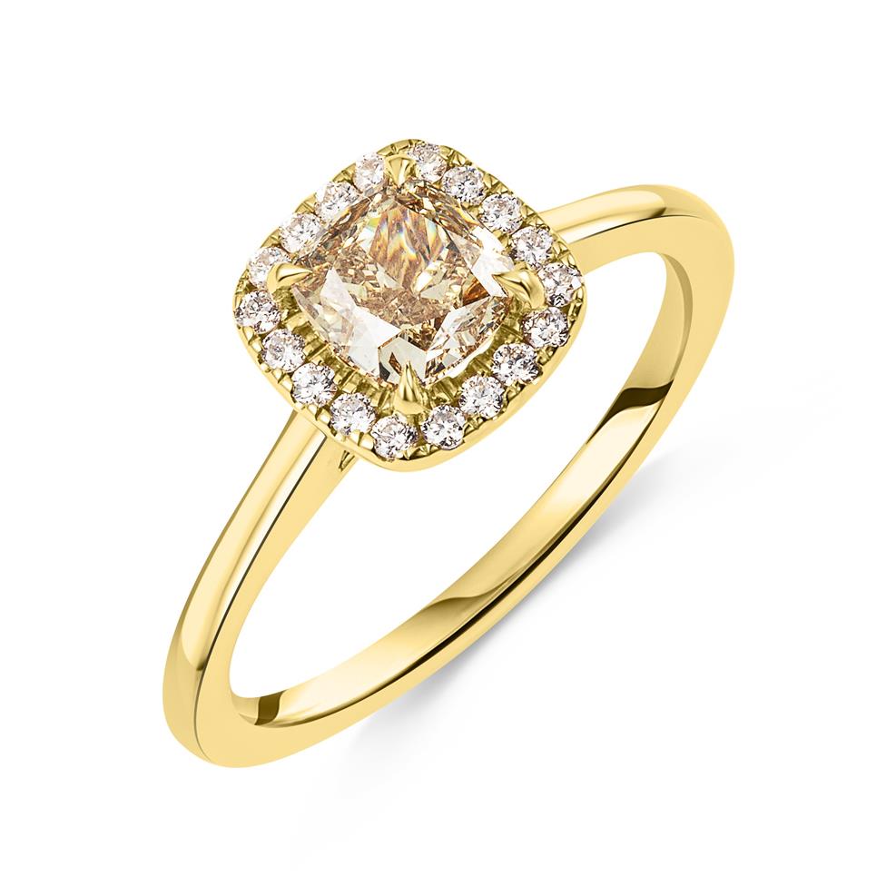 18ct Yellow Gold Champagne Cushion Diamond Halo Engagement Ring Thumbnail Image 0