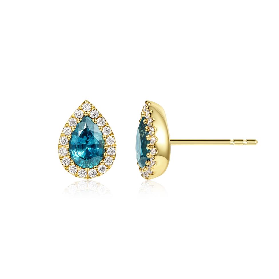 Camellia 18ct Yellow Gold Pear Teal Sapphire and Diamond Earrings Thumbnail Image 0