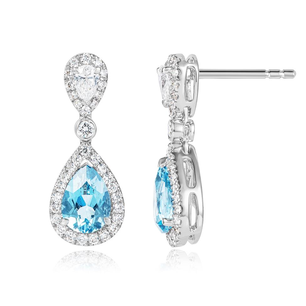 18ct White Gold Aquamarine and Diamond Halo Drop Earrings Thumbnail Image 0
