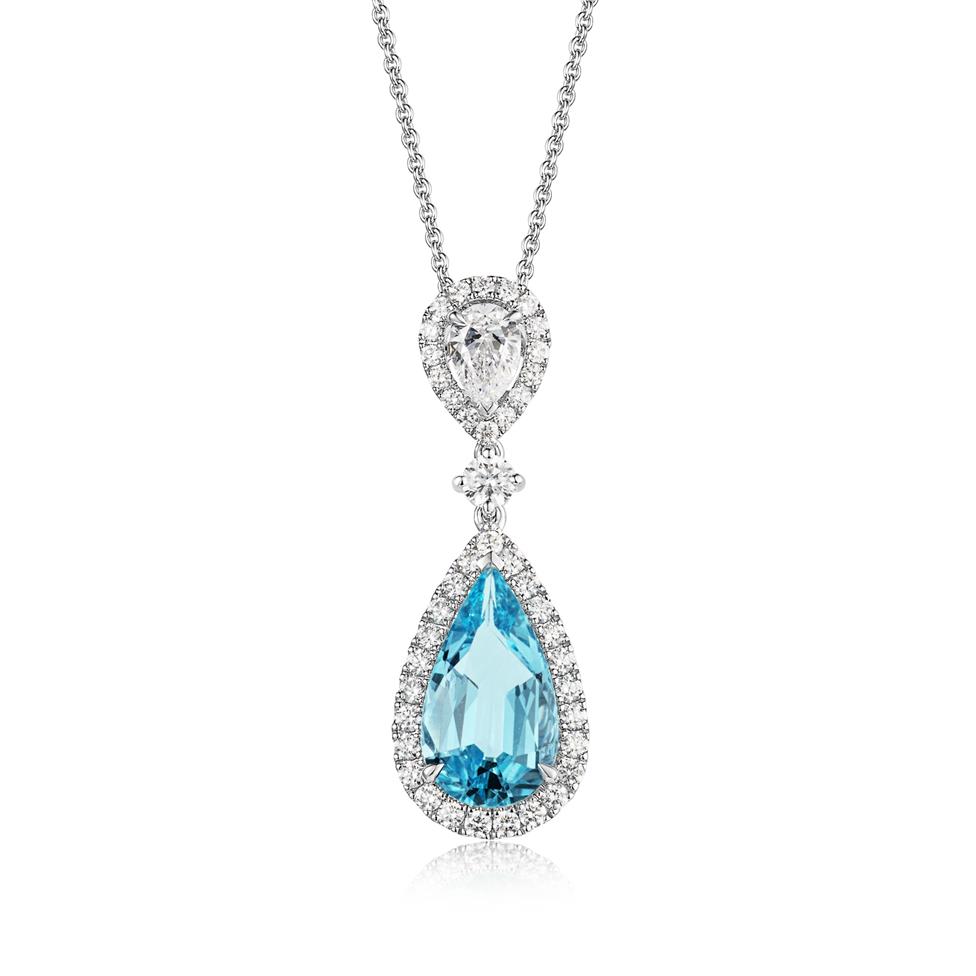 18ct White Gold Aquamarine and Diamond Halo Necklace Thumbnail Image 0
