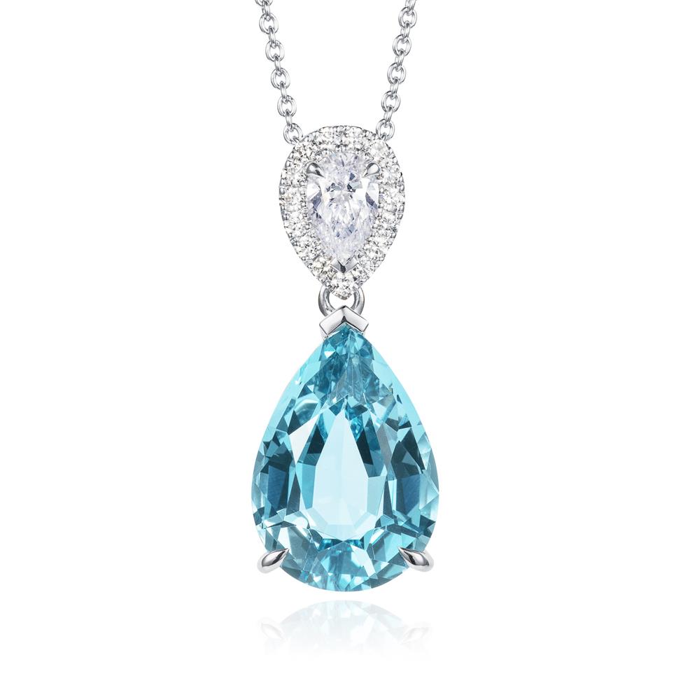 18ct White Gold Pear Aquamarine and Diamond Drop Necklace Thumbnail Image 0