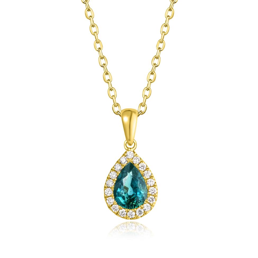 Camellia 18ct Yellow Gold Pear Teal Sapphire and Diamond Pendant Thumbnail Image 0