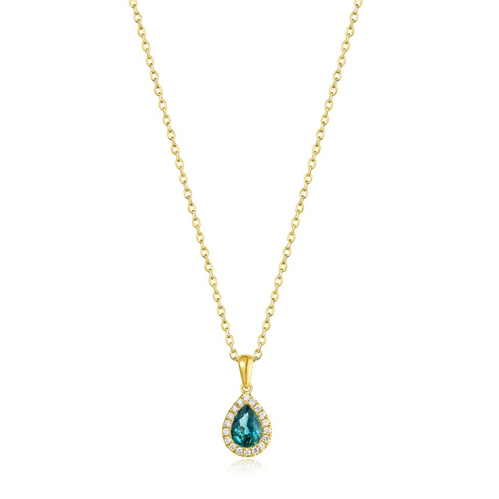 Camellia 18ct Yellow Gold Pear Teal Sapphire and Diamond Pendant Thumbnail Image 1