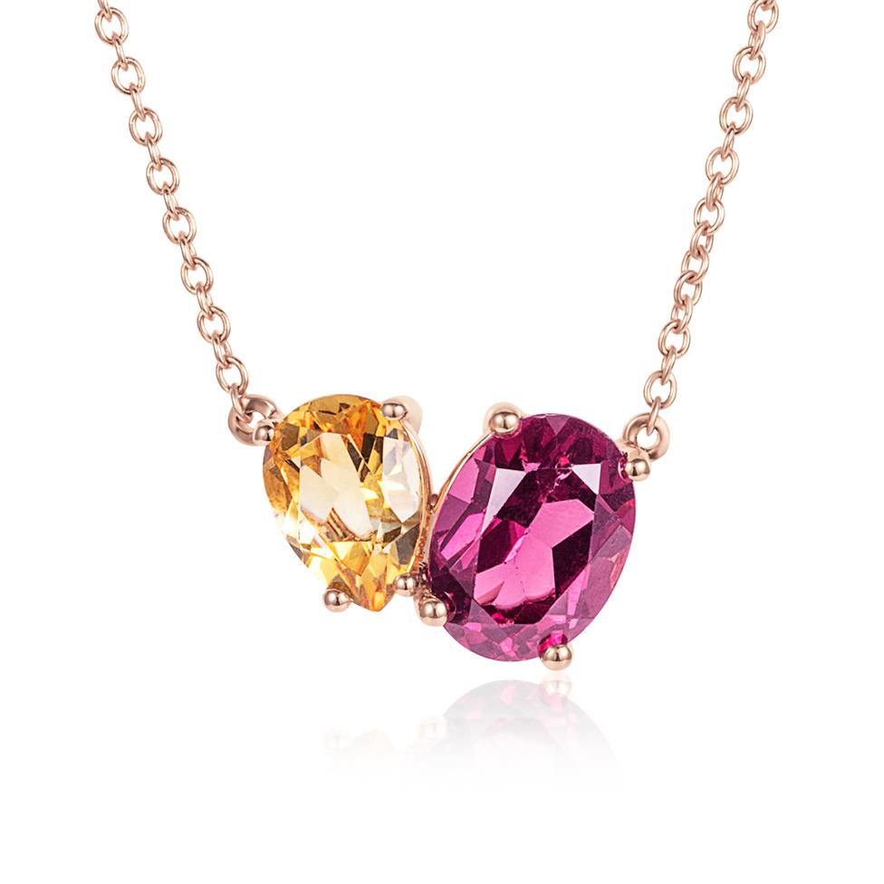 Toi Et Moi 18ct Rose Gold Citrine and Rhodolite Necklace Thumbnail Image 0