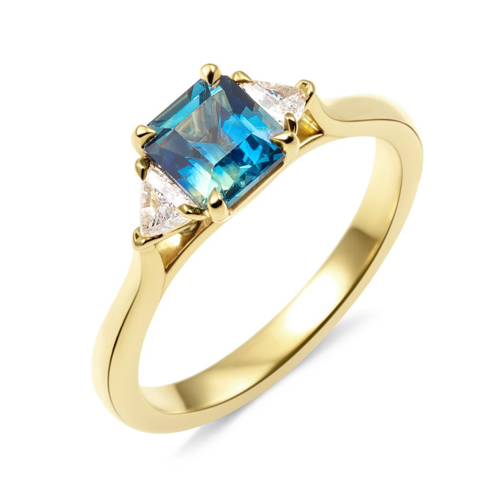 18ct Yellow Gold Asscher Cut Teal Sapphire and Diamond Engagement Ring Thumbnail Image 0