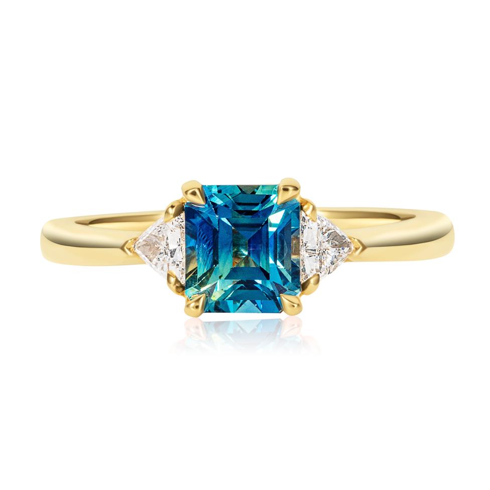18ct Yellow Gold Asscher Cut Teal Sapphire and Diamond Engagement Ring Thumbnail Image 1