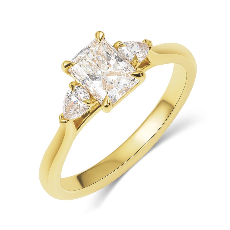 18ct Yellow Gold Radiant and Pear Diamond Three Stone Engagement Ring 1.28ct Thumbnail Image 0