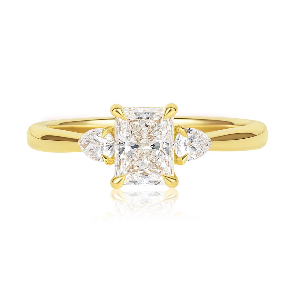 18ct Yellow Gold Radiant and Pear Diamond Three Stone Engagement Ring 1.28ct Thumbnail Image 1